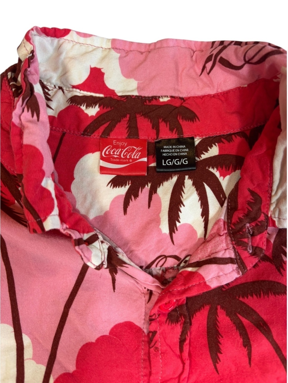 Coca-Cola Hawaiian Shirt Men’s Large Red Pink Palm Tree Tropical Button Up - Picture 4 of 4